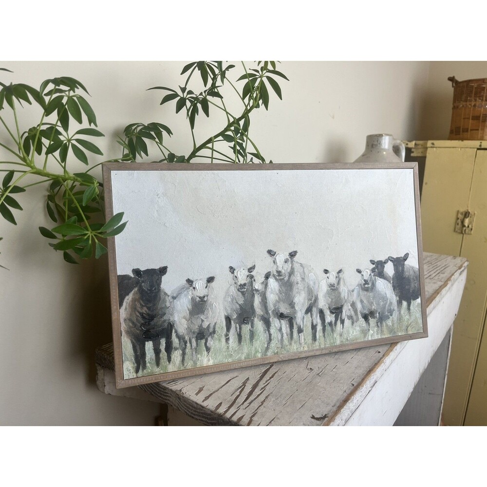 Farmhouse Herd Of Sheep In A Meadow (2 Sided) Framed Painting 14” x 8” / Country - Picture 6 of 7